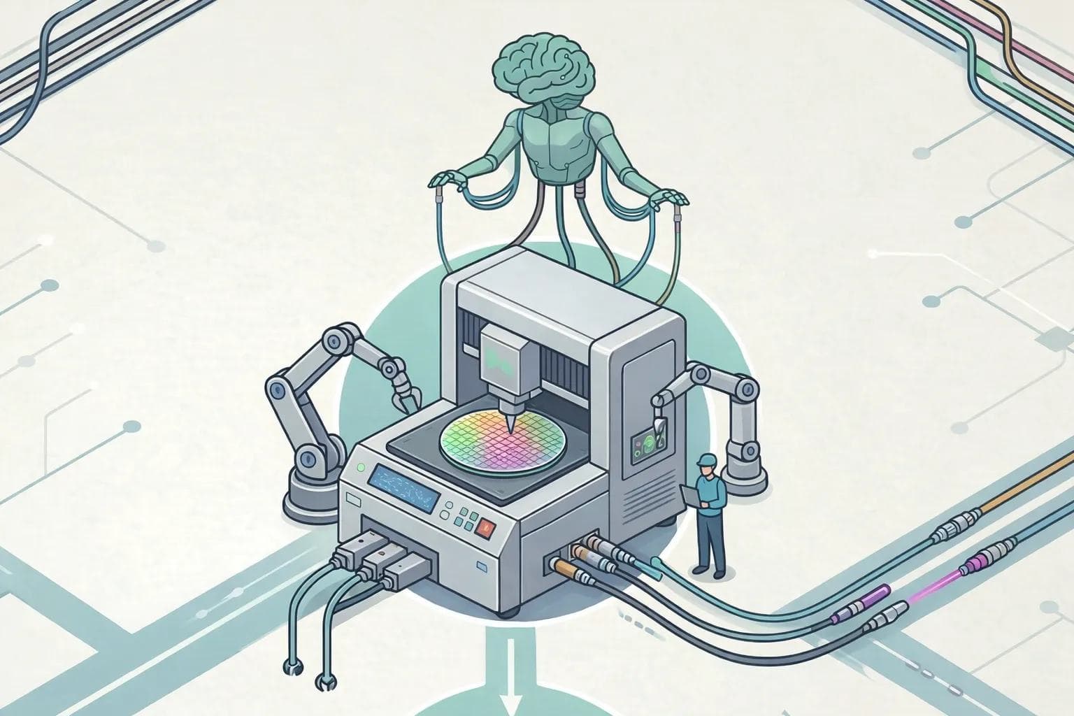 AI robot operating automated test equipment with robotic arms and wafer testing